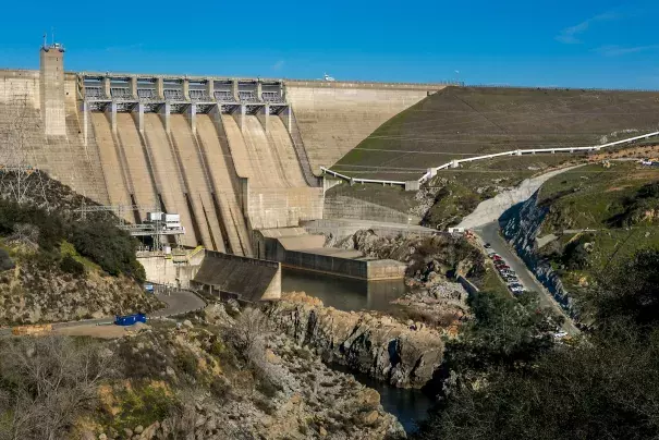 The dam at Folsom Lake is viewed on January 28, 2015 in Folsom, California. Located just east of downtown Sacramento, this city of 78,000 people is home to Folsom Prison, Intel, and Folsom Lake State Recreational Park. Photo: George Rose, Getty Images