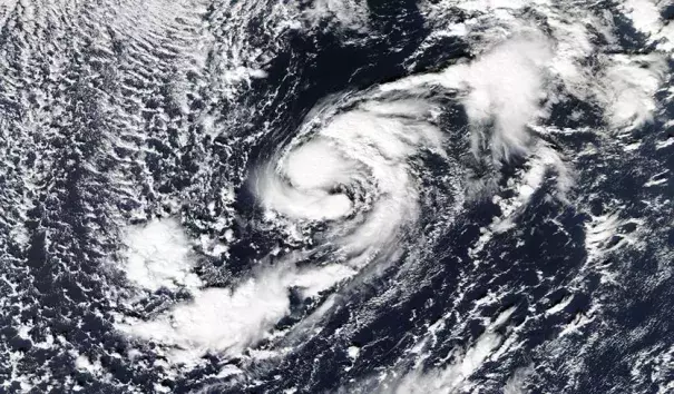 Subtropical Storm Rebekah as seen by the MODIS instument on the Aqua satellite late Wednesday afternoon, October 30, 2019. Credit: NASA.