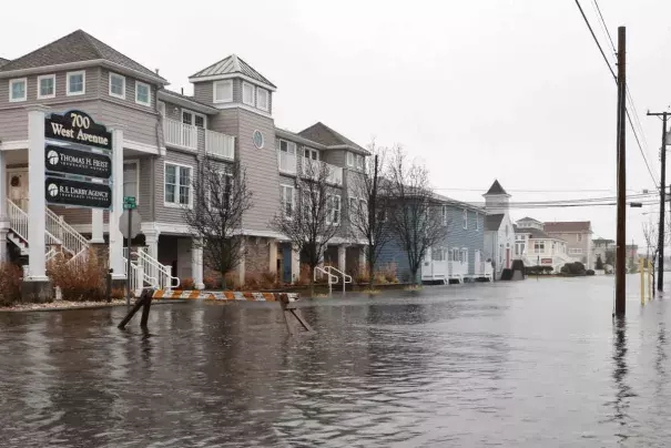 Flood waters at 7th Street and West Avenue in Ocean City, N.J., almost stretch from bay to ocean Monday during high tide. Photo: Thomas E. Briglia
