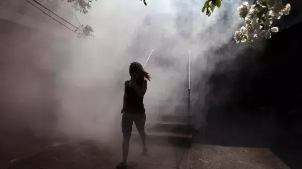 A woman walks away from her apartment as health workers fumigate as part of preventive measures against the Zika virus in Soyapango, El Salvador. Photo: Jose Cabezas, Reuters
