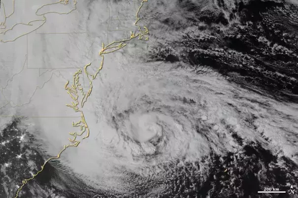 Hurricane Sandy approaches the Atlantic coast of the U.S. in the early morning hours of October 29, 2012. Image: Jesse Allen and Robert Simmon, NASA Earth Observatory