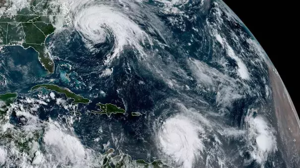 Satellite imagery from NOAA shows Hurricane Jose, along the U.S. East Coast, and Hurricane Maria, in the Atlantic Ocean near the Leeward Islands. Trailing Maria is Tropical Depression Lee. Image: CIRA/CSU and NOAA/NESDIS/RAMMB