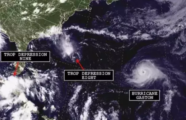 A satellite image shows three separate tropical systems spinning in the Atlantic basin. Photo: NOAA