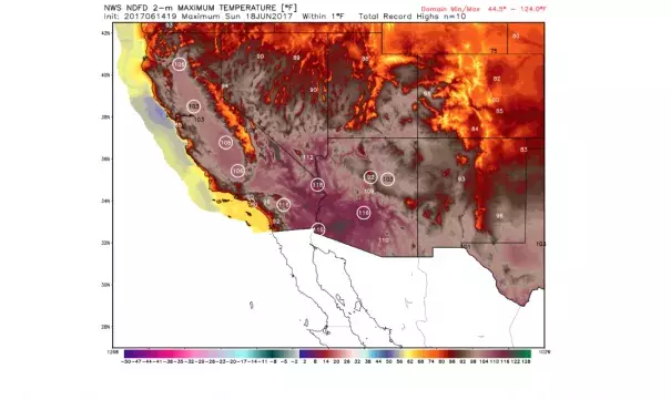 National Weather Service forecast high temperatures Sunday. Locations where highs are predicted to be within one degree of a record are circled. Image: WeatherBell