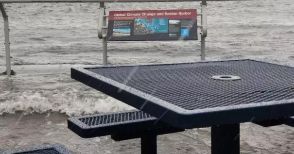 Boston Harbor flooding during a major nor'easter on March 2, 2018. (Look at the sign.) Photo: Matt Beaton on Twitter