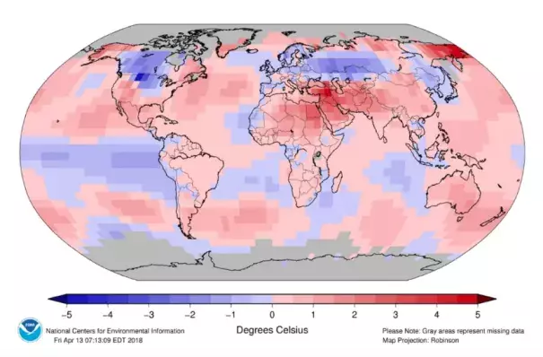Temperature difference from normal for the first part of 2018 (January through March). Image: NOAA