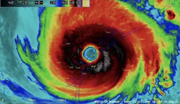 NASA Terra MODIS infrared image of Harvey at 0419 UTC 26 August 2017 just after landfall as a Category 4 hurricane in Texas. Image: UW/CIMSS