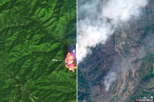 Left: Sentinel satellite image of the 416 Fire in southern Colorado on June 10, 2018, in infrared-enhanced false color. Actively burning areas appear bright yellow, vegetation appears bright green, and burned areas appear reddish brown. Right: Same view in photo-like natural color, which better shows the smoke plume spreading north and east from the fire. Photo: Sentinel Online/European Space Agency