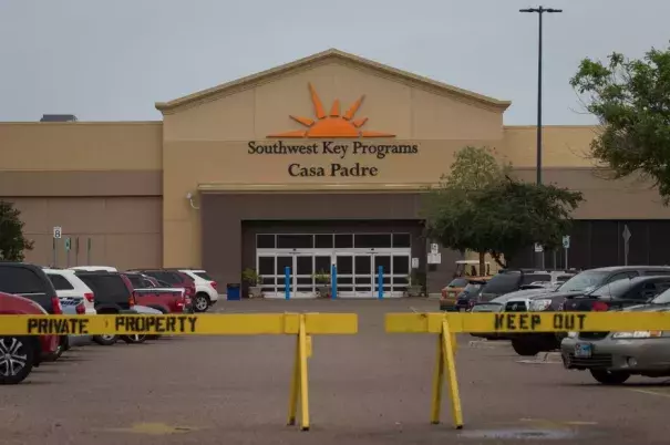 A former WalMart supercenter now being used as a migrant children's shelter is pictured on June 18, 2018 in Brownsville, Texas. Photo: Lauren Elliott, AFP/Getty Images