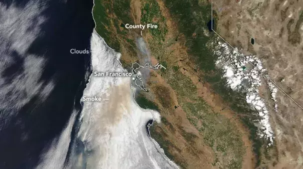 Smoke from the County Fire is seen over California in this image acquired July 1, 2018 by NASA's Aqua satellite. Image: NASA