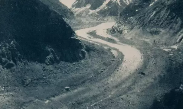 Artist Emma Stibbon’s cyanotype ‘Mer de Glace, June 2018’. The Mer de Glace, at Chamonix, has retreated by two kilometers from its 1850 position. Photo: Emma Stibbon, courtesy of Alan Cristea Gallery