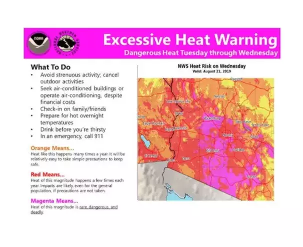 Excessive heat warning for Aug. 21, 2019 from the National Weather Service in Phoenix