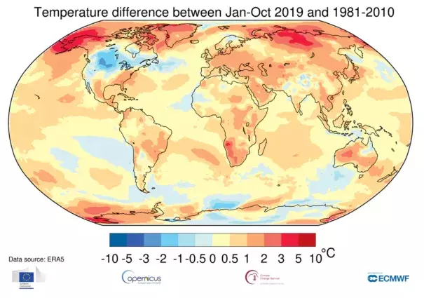 Global average surface temperature departures from average for the January-to-October period. Credit: World Meteorological Organization