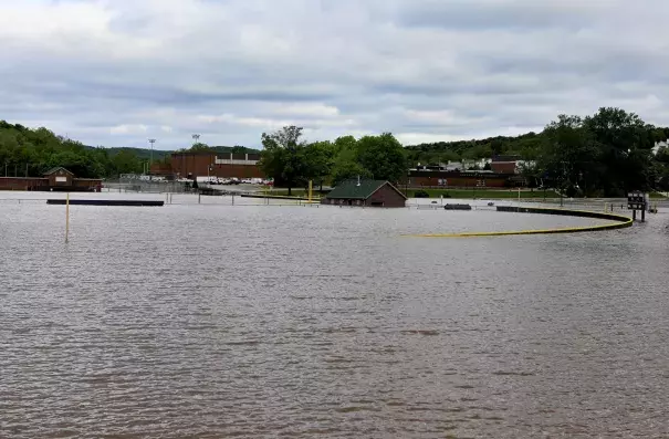 Floodwater from the Meramec River covers athletic fields at Eureka High School in Eureka, Mo., about 30 miles southwest of downtown St. Louis. Photo: David Carson, St. Louis Post-Dispatch via AP
