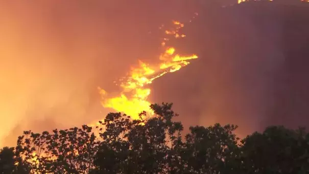 The Sherpa Fire, which broke out west of Goleta on June 15, 2016, burns on a hillside in Santa Barbara County. Photo: KTLA