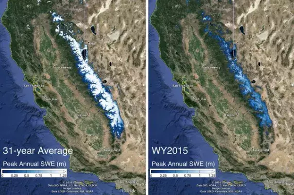 The image on the left shows the 31-year average snow water equivalent in the Sierra Nevada mountains compared with the snow water equivalent in 2015. Image: Steve Margulis/UCLA