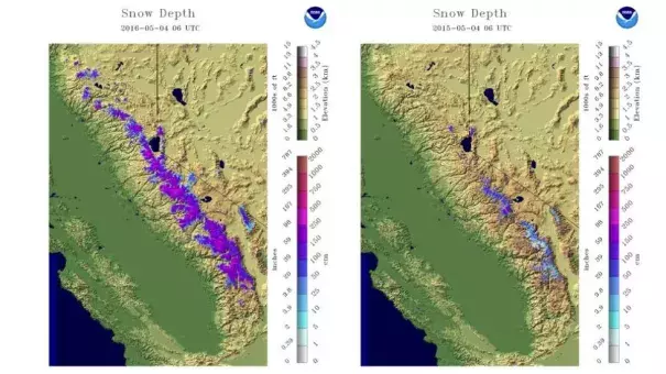 Snowpack comparison in the Sierra Nevada May 4, 2016 (left) to May 4, 2015 (right). As you can see, the amount of snowpack (purple shadings) in the Sierra is much greater than a year ago at this time. Image: NOAA