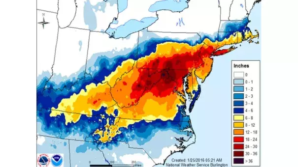 An analysis of the snowfall from Jonas. Image: NOAA