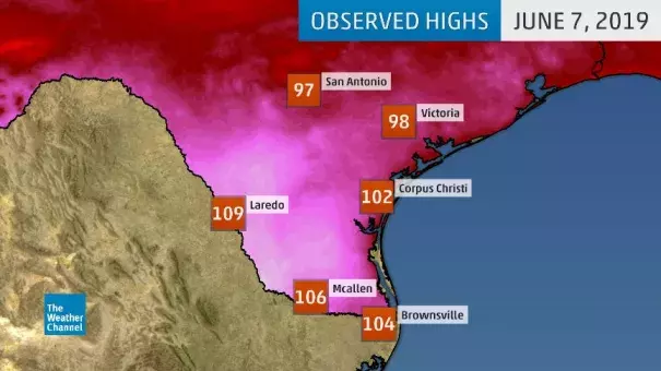 Actual high temperatures in South Texas on Friday, June 7, 2019. Credit: The Weather Channel