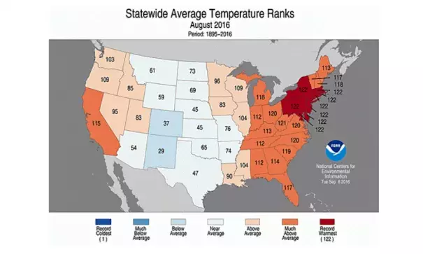 How the average temperature of each state in the Lower 48 ranked for August. Image: NOAA