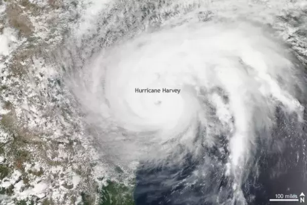 Suomi NPP satellite image taken of Hurricane Harvey on August 25, 2017 using the VIIRS instrument. Harvey made landfall in Texas as a category 4 hurricane. Image:  Data provided by the NOAA Environmental Visualization Laboratory.