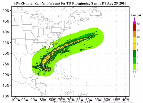 The 12Z (8 am EDT) Monday run of the HWRF model predicted that TD 9 would have top winds of 50 mph at landfall, and would bring copious rains of 8 - 16” along its track across Florida. The HWRF rainfall amounts are likely too high, as the official NHC forecast at 5 pm EDT Monday called for 3 - 7” of rain along TD 9’s track, with isolated amounts of up to 10” along the coast near its landfall location. Image: NOAA/EMC
