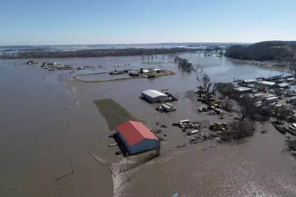 Wednesday, March 20, 2019 aerial photo shows flooding near the Platte River in in Plattsmouth, Nebraska, south of Omaha. The worst of the flooding so far has been in Nebraska, southwestern Iowa and northwestern Missouri. Credit: AP