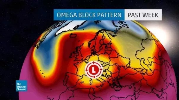 An extreme "omega block" pattern set the stage for incredible rainfall totals and massive flooding across parts of France and Germany. Image: The Weather Channel