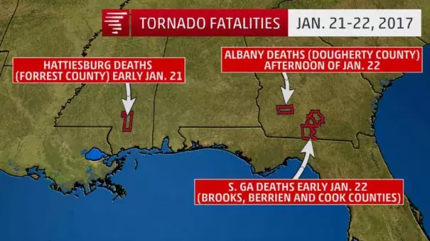 Location of tornado-related deaths Jan. 21-22, 2017. (4 in Hattiesburg, Mississippi; 7 in Cook County, Georgia; 4 in Dougherty County, Georgia; 2 in Brooks County, Georgia; 2 in Berrien County, Georgia). Image: The Weather Channel