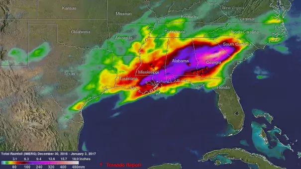 NASA's IMERG estimated total rainfall from Dec. 30, 2016, through early Jan. 3, 2017, at more than 12 inches (305 mm) over the southeastern United States. Red symbols show the locations where some of the numerous tornadoes were reported. Image: Hal Pierce, NASA/JAXA