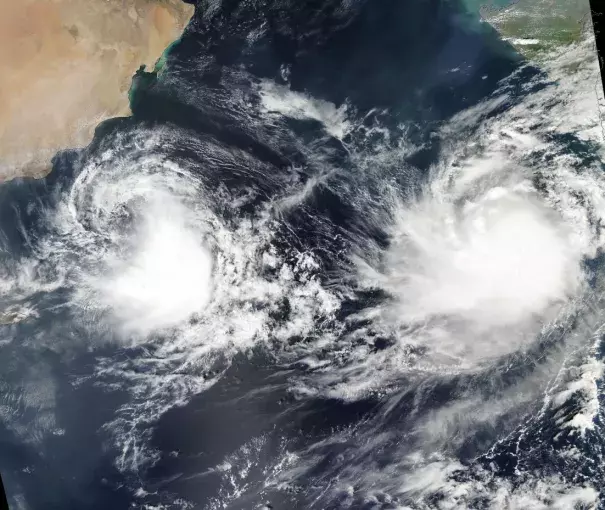 Tropical cyclones Kyarr (left) and Maha (right) on November 1, 2019. Credit: NASA Aqua/MODIS