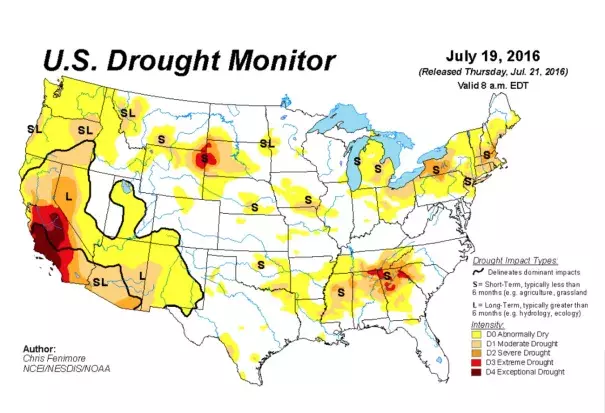 U.S. Drought Monitor as of July 19, 2016. Areas of progressively worse drought are shown by the darker brown contours. "Abnormally dry" areas are shown in yellow. Image: USDA/NDMC/NOAA