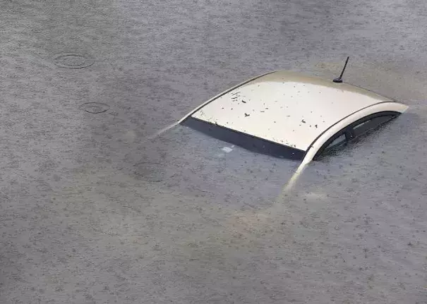 A submerged car is seen on Interstate 610 North on August 27, 2017 in Houston as the city battles with tropical storm Harvey and resulting floods. Photo: Thomas B. Shea, Getty Images
