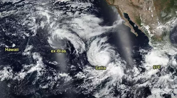 VIIRS visible satellite image of ex-Hurricane Blas, Hurricane Celia, and Invest 97E taken on Sunday afternoon, July 10, 2016. Image: NASA.