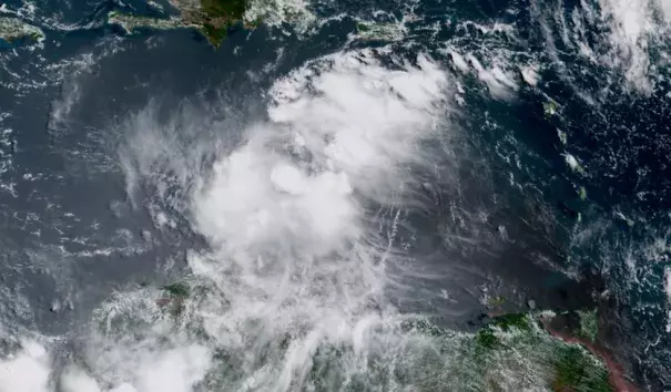 Visible-wavelength GOES-16 image of Tropical Storm Harvey at 1530Z (11:30 am EDT) Saturday, August 19, 2017. Northwesterly wind shear is blowing the tops off of Harvey’s showers and thunderstorms, as seen in the tendrils extending southeastward from the disorganized storm. GOES-16 data are preliminary and non-operational. Photo: RAMMB/CIRA @ CSU