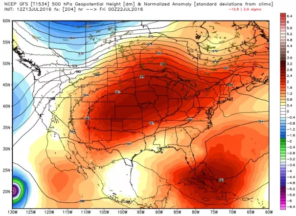 GFS model forecast massive heat dome centered over the central U.S. late next week. Image: WeatherBell