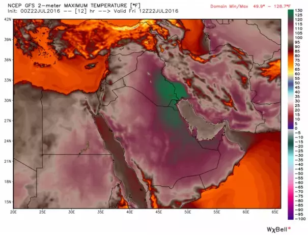 Temperatures simulated by the GFS model in the Middle East on Friday reached 129 degrees (54 Celsius). Image: WeatherBell