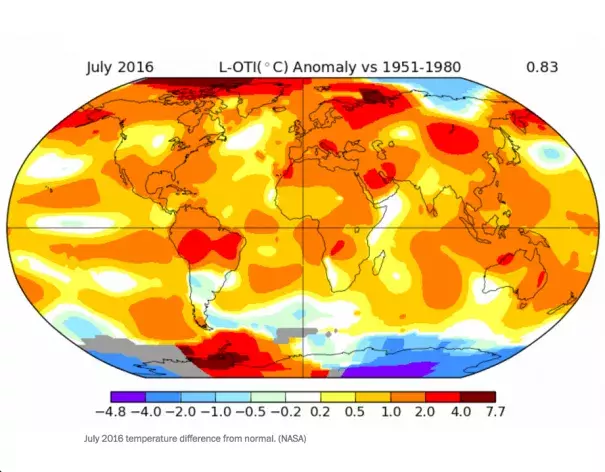 July 2016 temperature difference from normal. Image: NASA