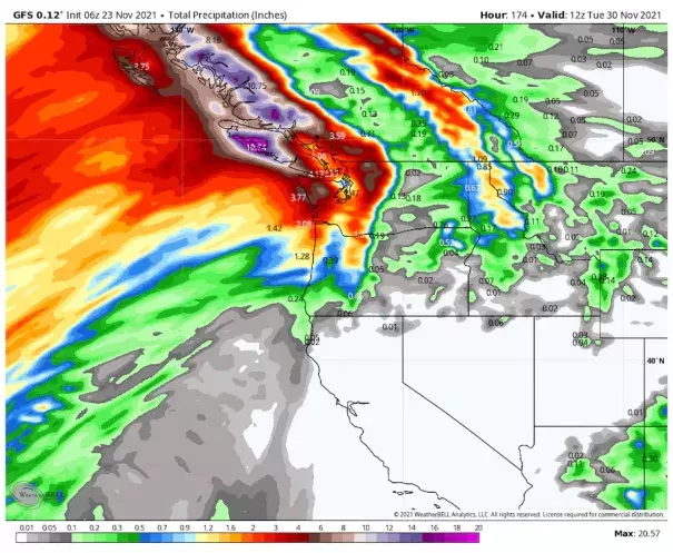 The American GFS model simulates heavy rains in the Pacific Northwest and British Columbia through Tuesday. (WeatherBell)