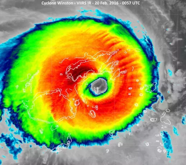Figure 1. VIIRS infrared image of Tropical Cyclone Winston at 0057 UTC February 20, 2016. At the time, Winston was the strongest storm ever recorded in the Southern Hemisphere, with sustained winds of 185 mph. Koro Island is in the eye. Image: NOAA/NESDIS.