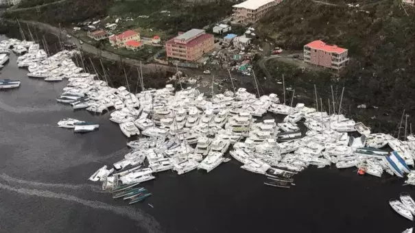 This photo provided by Caribbean Buzz shows boats clustered together after Hurricane Irma Friday, Sept. 8, 2017. The death toll from Hurricane Irma has risen to 22 as the storm continues its destructive path through the Caribbean. The dead include 11 on St. Martin and St. Barts, four in the U.S. Virgin Islands and four in the British Virgin Islands. Photo: Caribbean Buzz via AP