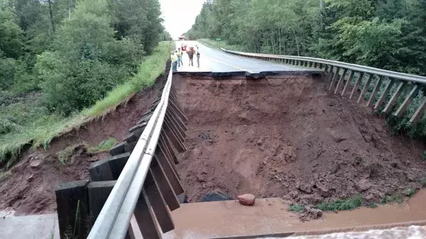 A section of Highway 63 north of Grand View in Bayfield County is washed out by flooding from intense rainfall overnight. Photo: Wisconsin Emergency Management