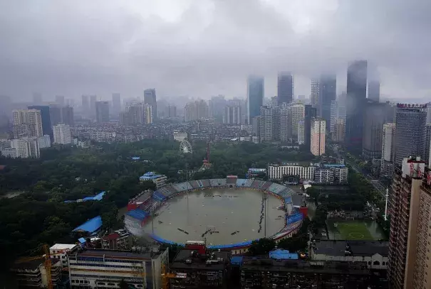 A stadium in Wuhan, China on July 6, 2016, after the city received 7.09” (180 mm) of rain in the twelve hours ending at 8 am July 6. Wuhan received over 560 mm (1.8 feet) of rain over the ten day period before the July 6 deluge, causing widespread damage and chaos. Photo: Wang He/Getty Images