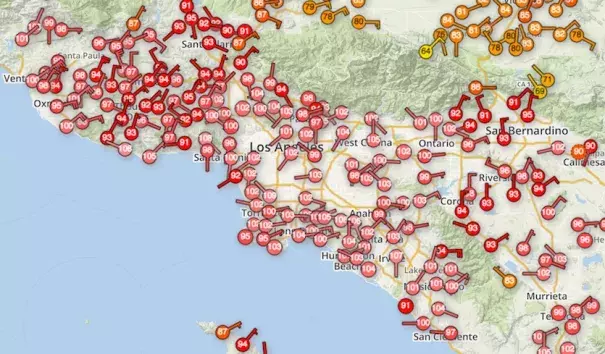 Many stations in southern California had already topped 100°F as of 1 pm PDT Tuesday, October 24, 2017, as shown in this WU WunderMap.