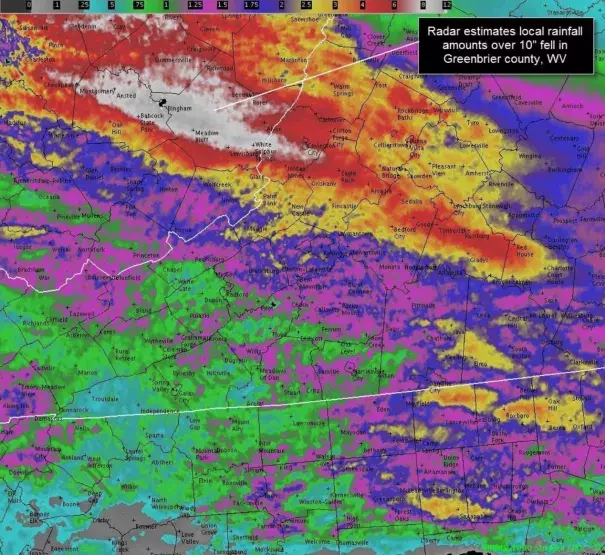 A map from the National Weather Service shows the intensity of the rains that brought floods to the region. Image: National Weather Service