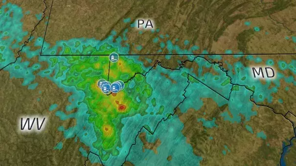 Radar-estimated rainfall (contours) and reports of flash flooding Saturday night into early Sunday morning in northern West Virginia and the Maryland Panhandle. Credit: The Weather Channle