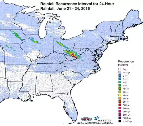 Rainfall recurrence interval for 24-hour rainfall, June 21 - 24, 2016. Image: MetState