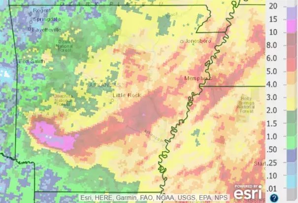 Rainfall estimates (from radar and gauges in Arkansas) over the past week. Credit: National Weather Service