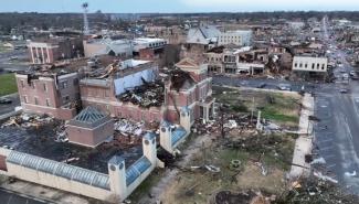 The ruins of the 1888-89 courthouse after an F4 tornado cut a 230+mile path across southwestern Kentucky on December 10, 2021. This image is from drone footage shot by KY State Senator Whitney Westerfield.