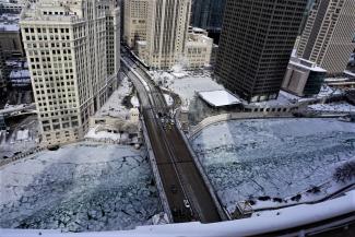 Chicago river frozen during 2019 polar vortex February 1, 2019